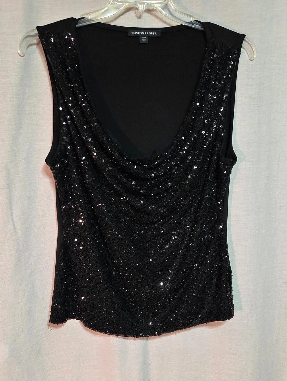 Boston Proper Black Sequin Draped-Neck Tank Top Like New